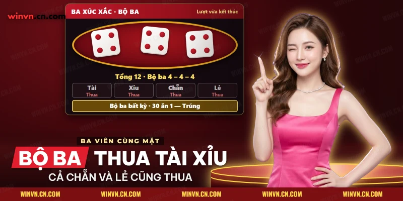 Ba xúc xắc cùng mặt 4 tạo bộ ba tổng 12, các cửa Tài, Xỉu, Chẵn, Lẻ đều thua
