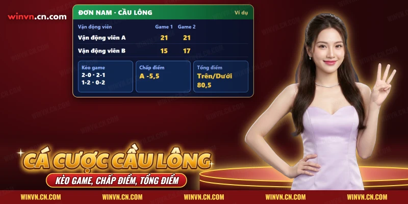Cá cược cầu lông Winvn với bảng điểm trận đơn nam và các nhóm kèo game, chấp điểm, tổng điểm