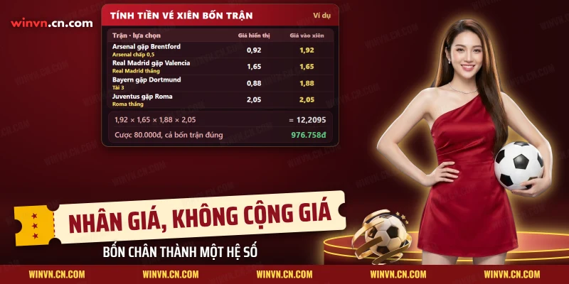 Bảng đổi giá hiển thị thành giá đưa vào xiên của bốn trận, kèm tích hệ số và tiền nhận về