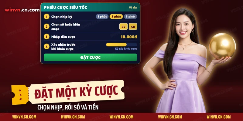 Phiếu cược xổ số siêu tốc ví dụ với nhịp kỳ đã chọn, số cược, tiền cược và thanh báo kỳ sắp khóa cược