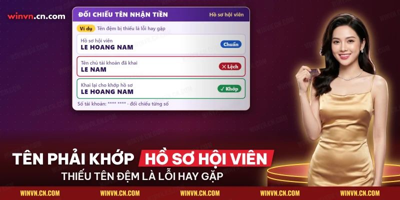 Đối chiếu tên nhận tiền khi rút với hồ sơ hội viên Winvn, thiếu tên đệm là lỗi hay gặp