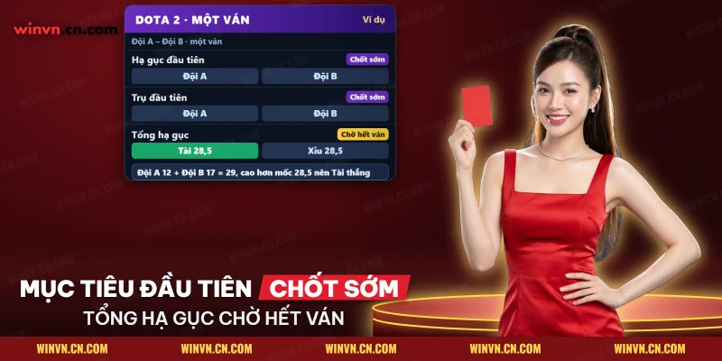 Kèo hạ gục đầu tiên, trụ đầu tiên và tổng hạ gục của một ván Dota, gắn nhãn chốt sớm hoặc chờ hết ván