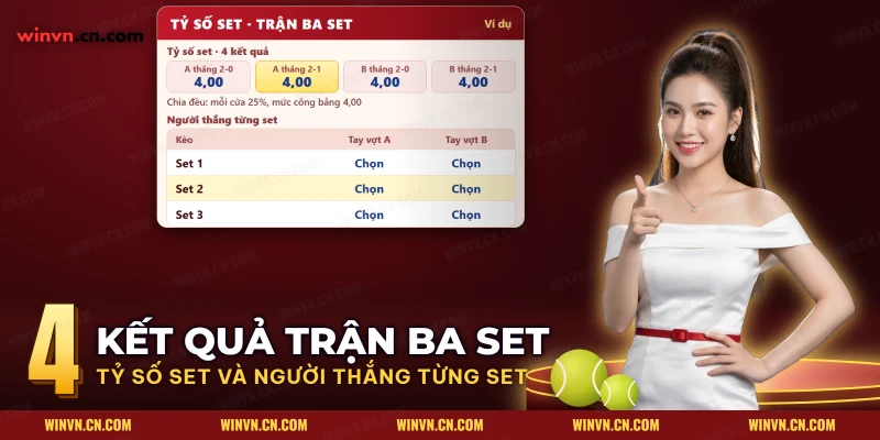 Kèo set tennis gồm bốn tỷ số của trận ba set và cửa chọn người thắng từng set
