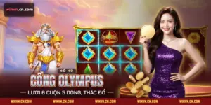 Nổ hũ Cổng Olympus Winvn với Zeus đứng cạnh lưới đá quý đang sáng viền các ô thắng
