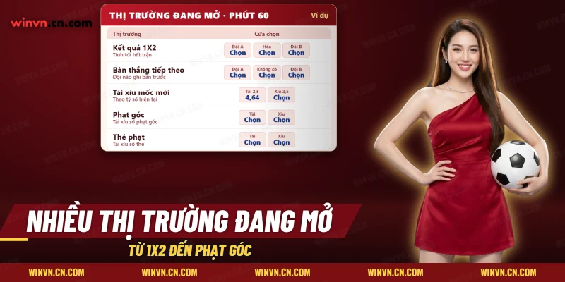 Thị trường cược live của trận đang đá gồm kết quả, bàn thắng tiếp theo, tài xỉu, phạt góc và thẻ phạt